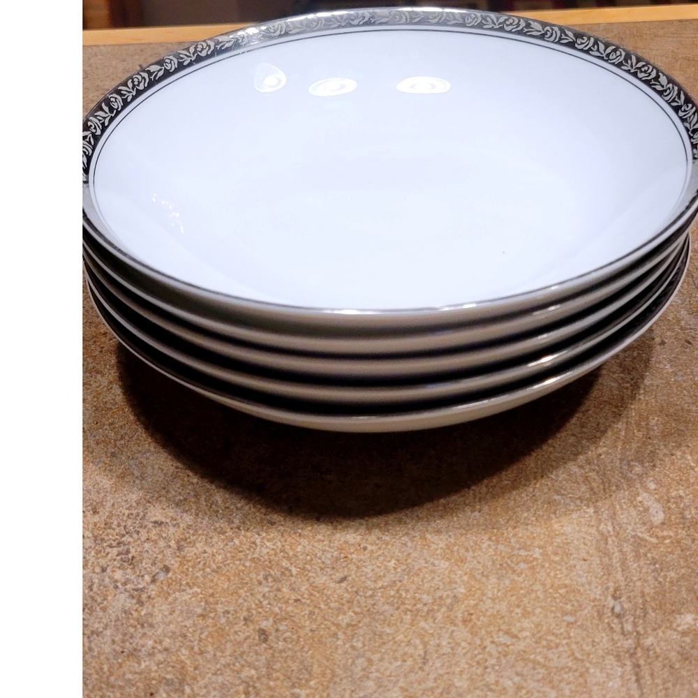 Noritake‎ China Silvester Soup Cereal Bowls Set of 5 Silver Trim